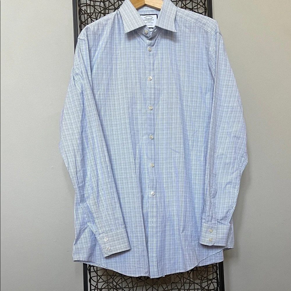 Charles Tyrwhitt Light Blue Checkered Dress Shirt 100% Cotton Extra Slim 17/35